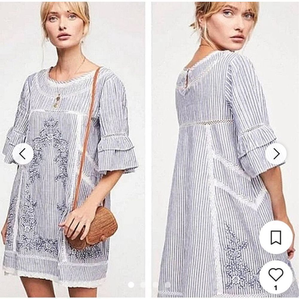 Free People Sunny Day Embroidered Shift Dress Striped Size XS